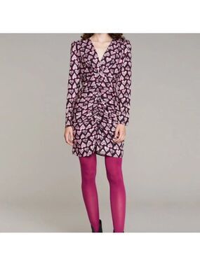 *Denny Rose Heart Print Satin Mini Dress Draped V-Neck IT 42 S